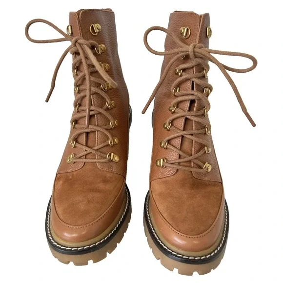 Tory Burch Leather Boot Womens Size 7.5 M Miller Tumbled Lug Cognac NWOB $500